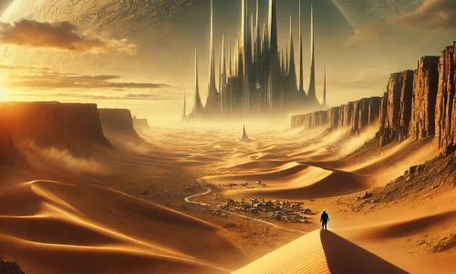 DALL·E-2024-09-25-13.51.04-A-dramatic-image-depicting-a-desert-planet-with-towering-sand-dunes-and-futuristic-structures-representing-the-world-of-Dune_-Part-Two.-The-image-sho.webp